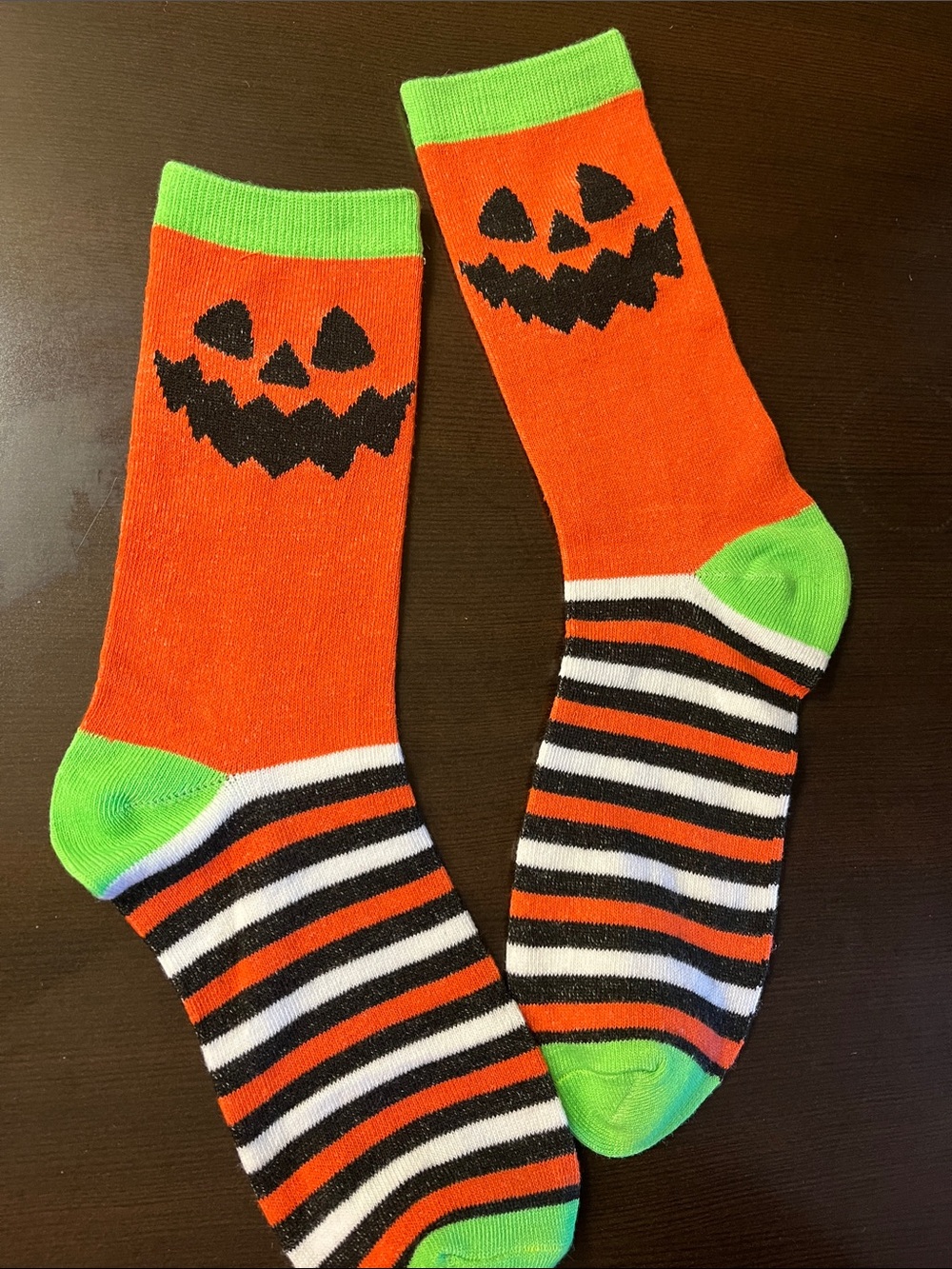 Men's Orange Halloween Pumpkin Crew Socks with Green Accents